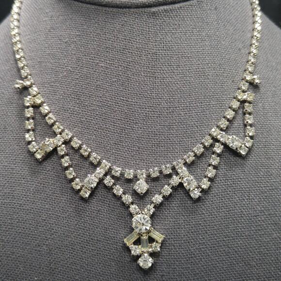 Vintage 1960s Clear Rhinestone Choker Necklace, Mid-Century Bridal Jewelry - Picture 2 of 10